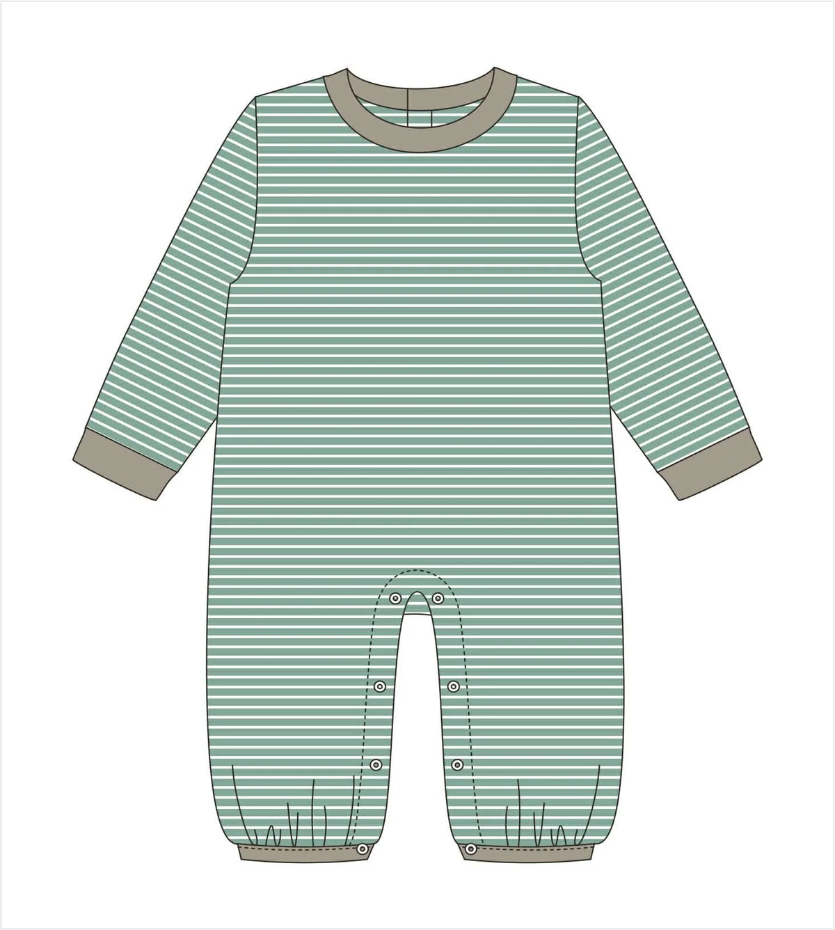 A flat line-art illustration of a baby long-sleeve footless one-piece romper with horizontal mint green and white stripes, gray cuffs and collar, and buttoned crotch closure, shown on a plain white background.