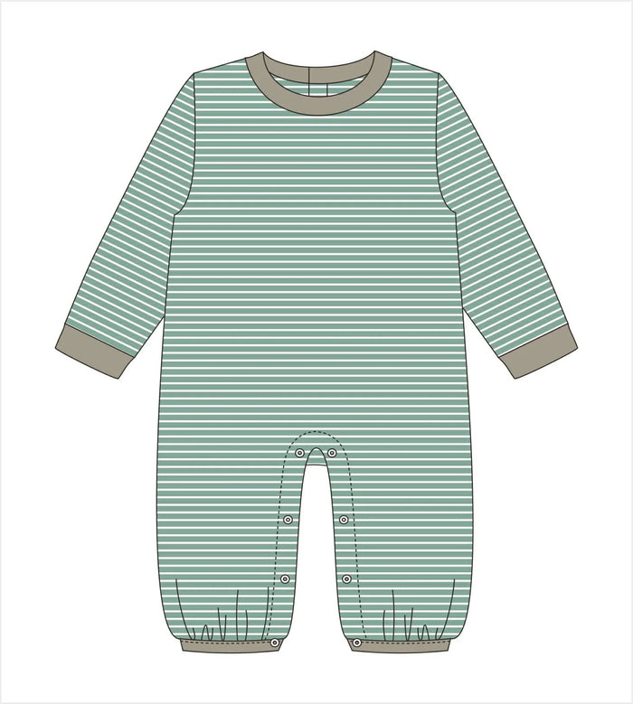 A flat line-art illustration of a baby long-sleeve footless one-piece romper with horizontal mint green and white stripes, gray cuffs and collar, and buttoned crotch closure, shown on a plain white background.