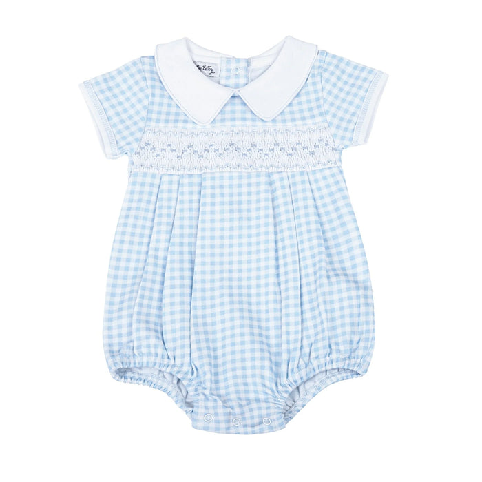 Mini Checks Smocked Collared Short Sleeve Bubble Light Blue