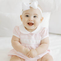 Mini Checks Smocked Collared Short Sleeve Bubble Light Pink
