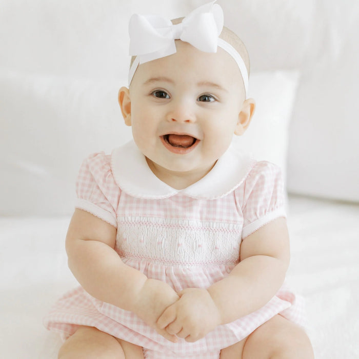 Mini Checks Smocked Collared Short Sleeve Bubble Light Pink