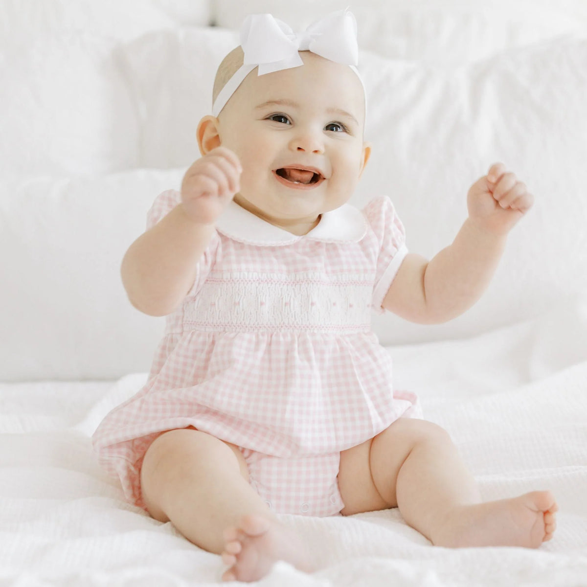 Mini Checks Smocked Collared Short Sleeve Bubble Light Pink