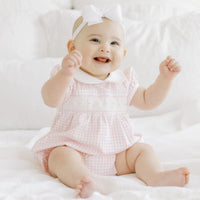 Mini Checks Smocked Collared Short Sleeve Bubble Light Pink