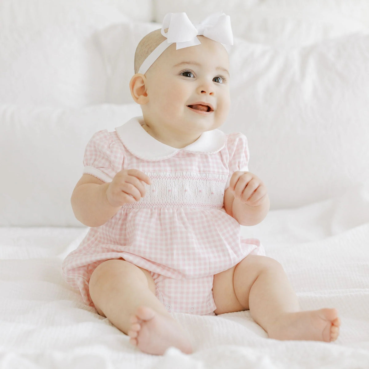 Mini Checks Smocked Collared Short Sleeve Bubble Light Pink