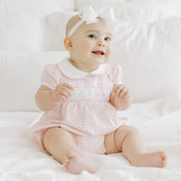Mini Checks Smocked Collared Short Sleeve Bubble Light Pink