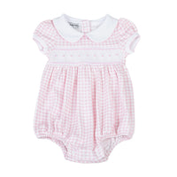 Mini Checks Smocked Collared Short Sleeve Bubble Light Pink