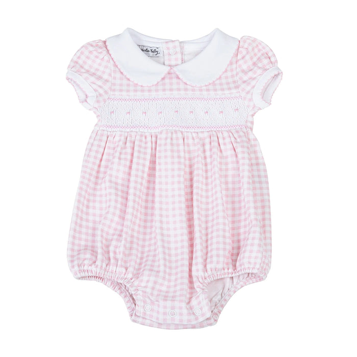 Mini Checks Smocked Collared Short Sleeve Bubble Light Pink
