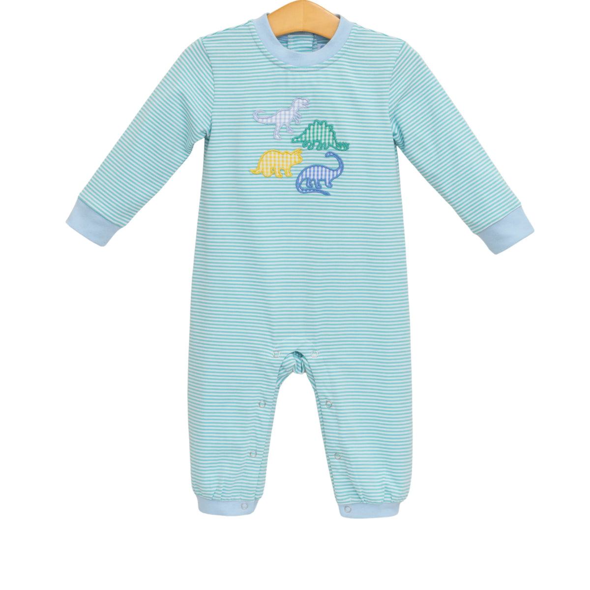 A baby long-sleeve footless romper in mint green and white stripes, featuring a colorful embroidered dinosaur design on the chest, hanging on a wooden hanger against a white background.