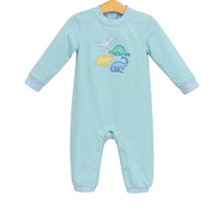 A baby long-sleeve footless romper in mint green and white stripes, featuring a colorful embroidered dinosaur design on the chest, hanging on a wooden hanger against a white background.