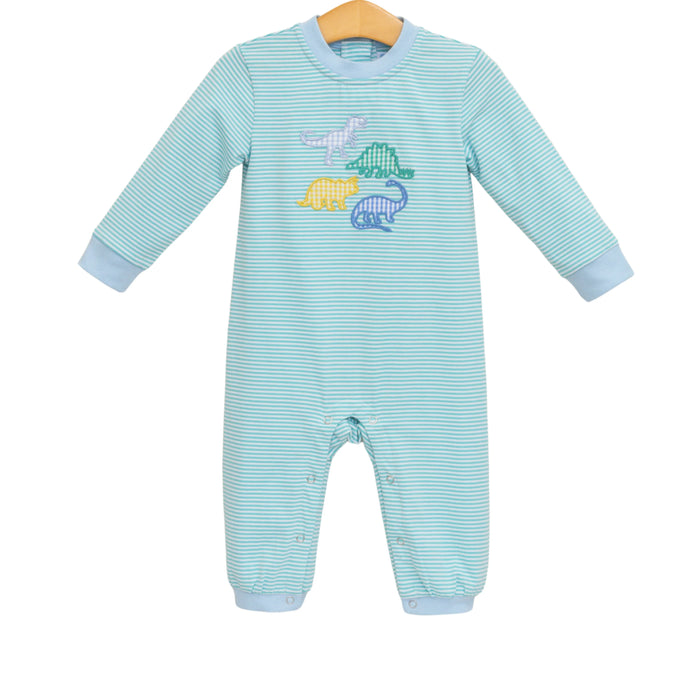 A baby long-sleeve footless romper in mint green and white stripes, featuring a colorful embroidered dinosaur design on the chest, hanging on a wooden hanger against a white background.