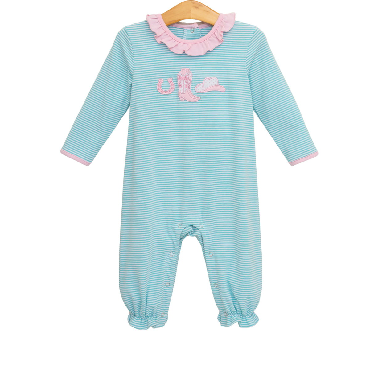 A baby long-sleeve footless jumpsuit in light blue and white stripes, featuring a pink ruffled collar, pink trim on the cuffs, and a pink mermaid tail graphic on the chest, hanging on a wooden hanger against a white background.