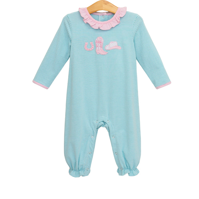 A baby long-sleeve footless jumpsuit in light blue and white stripes, featuring a pink ruffled collar, pink trim on the cuffs, and a pink mermaid tail graphic on the chest, hanging on a wooden hanger against a white background.