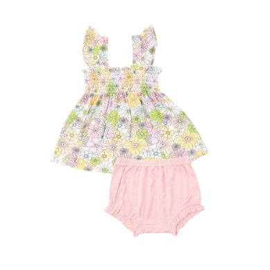 ANGEL DEAR RUFFLE STRAP SMOCKED TOP & DIAPER COVER MIXED RETRO FLORAL