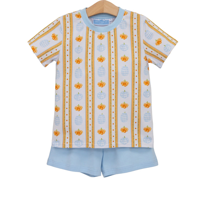 A children's two-piece pajama set featuring a short-sleeve top and matching shorts. The top is white with vertical stripes of orange pumpkins, light blue lanterns, and gold dotted borders, with a light blue collar.