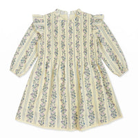 A long-sleeve cream-colored dress with vertical stripes and pink floral patterns, featuring ruffled shoulders and a lace hem.