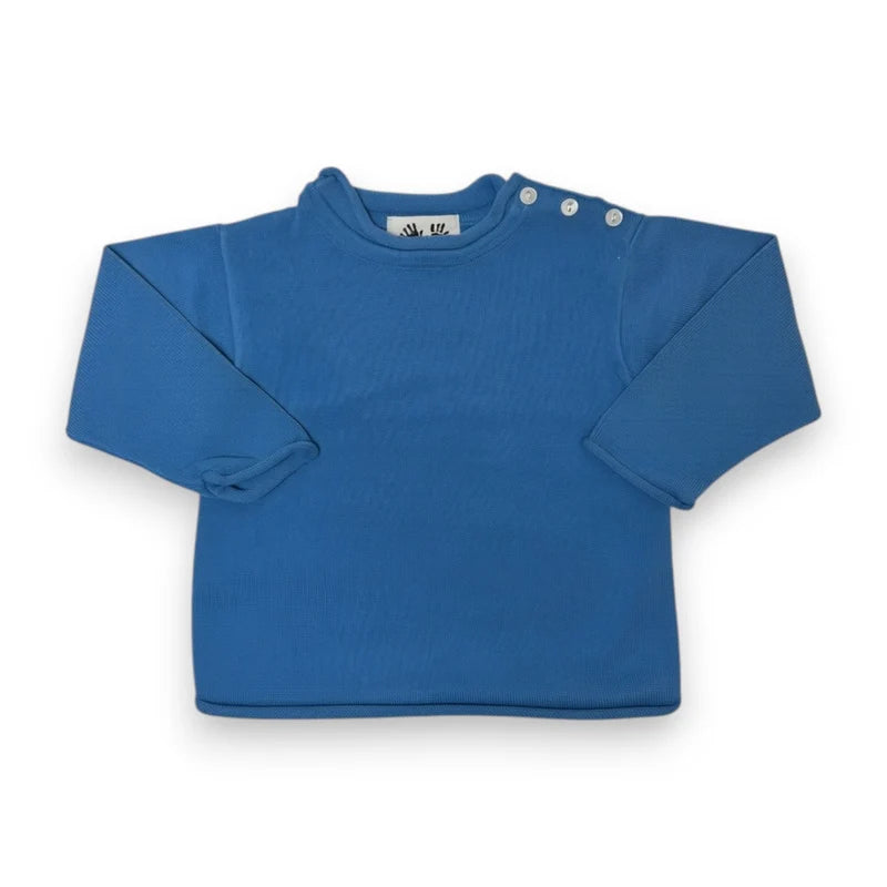 A blue long-sleeve baby top with a mock neck and shoulder buttons, laid flat on a white background.