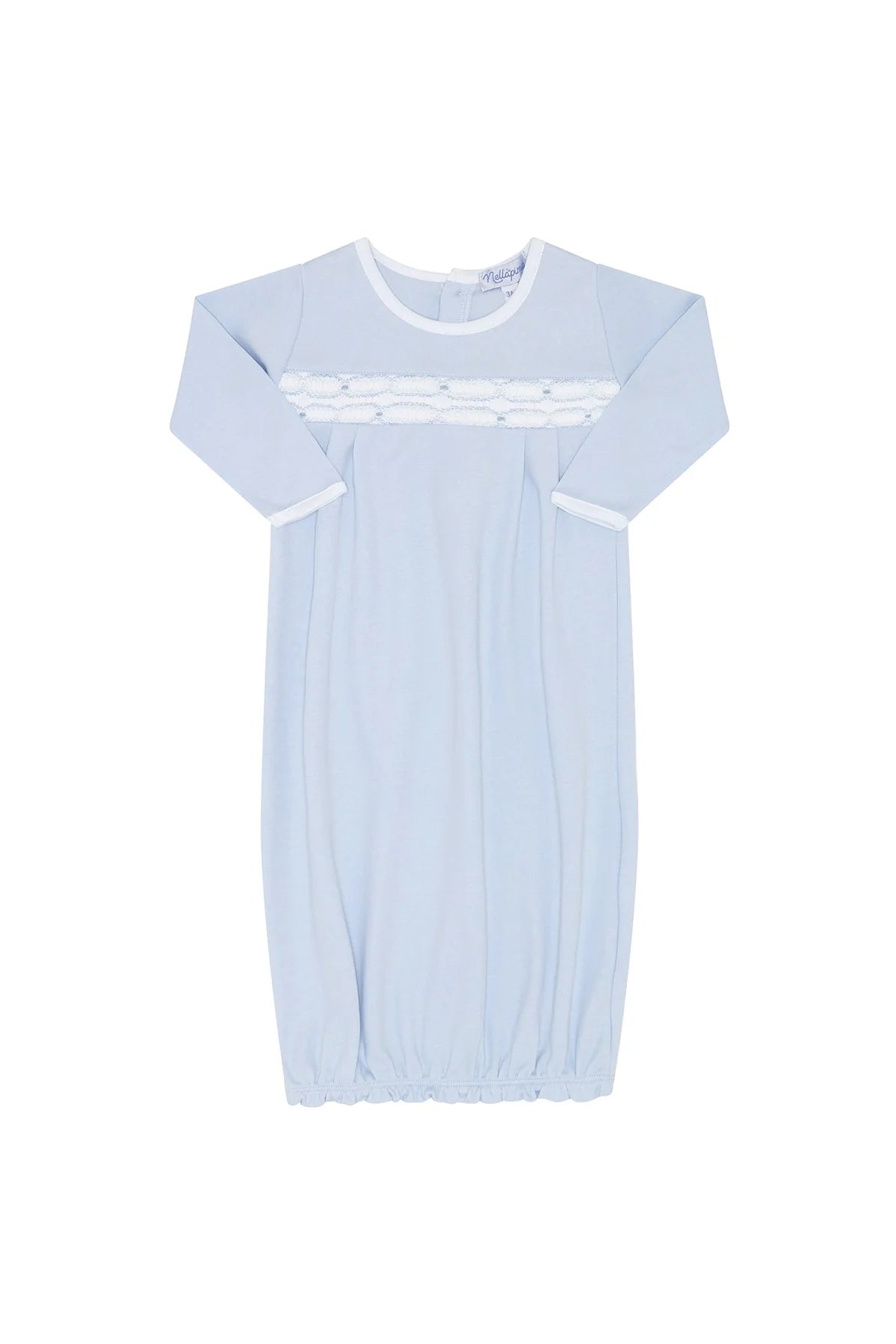 Light blue baby dress with long sleeves on a white background