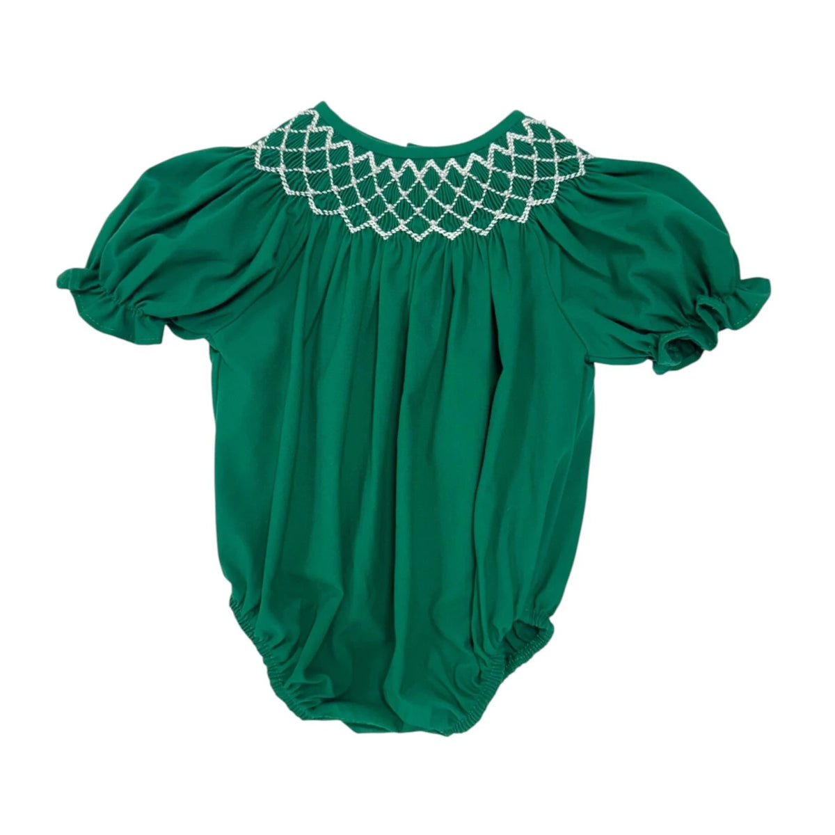 A green baby bubble bodysuit with puff sleeves and a white embroidered collar, shown flat on a white background.