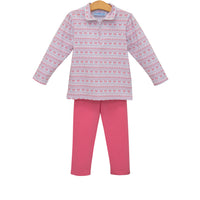 A children's two-piece outfit featuring a long-sleeve quarter-zip top with a pink and white geometric pattern and matching pink pants, displayed on a wooden hanger against a white background.