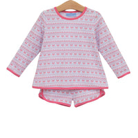 A two-piece children's set consisting of a long-sleeve top and matching shorts, hanging on a wooden hanger against a plain white background. The pajamas feature a white base with pink horizontal stripes containing small red bow motifs, and solid pink trim on the collar, cuffs, and hem.