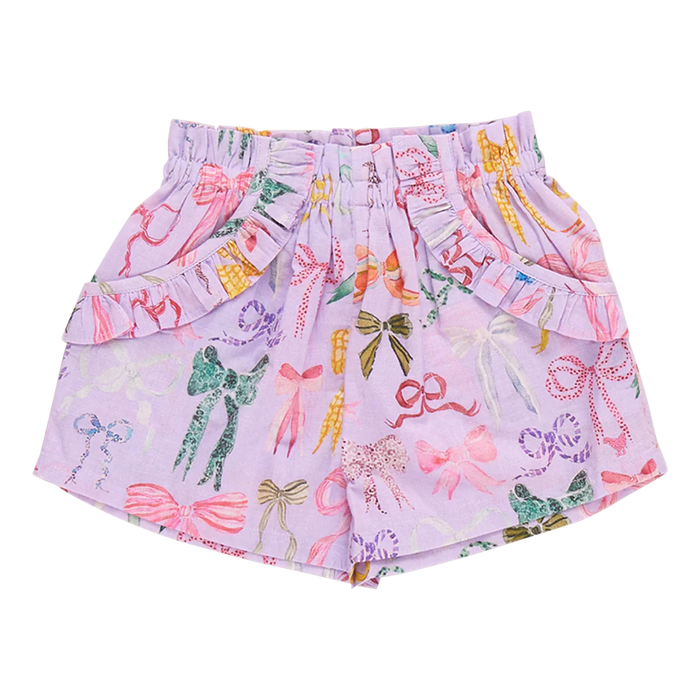 PINK CHICKEN GIRLS RUFFLE THEODORE SHORT LAVENDER WATERCOLOR BOWS