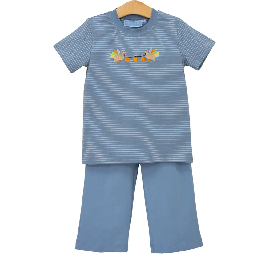Blue striped children's outfit with a shirt and pants on a white background