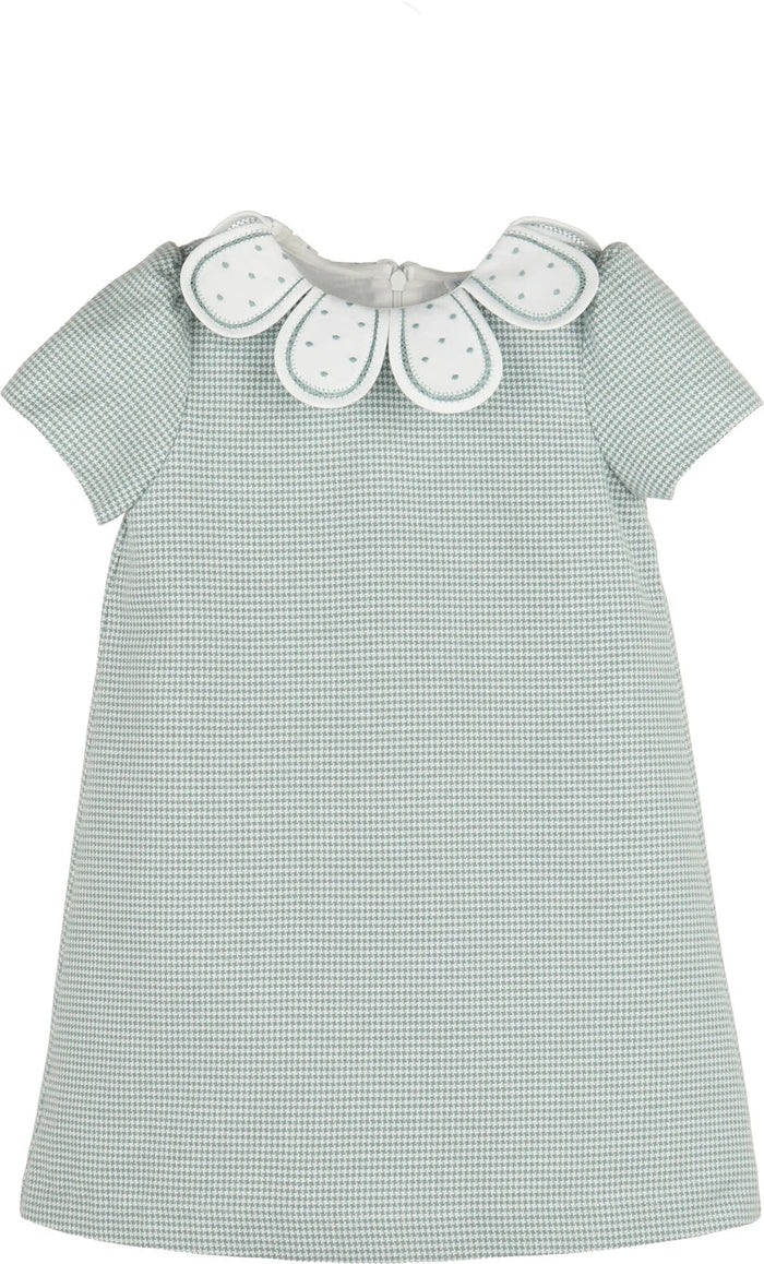 Green checkered dress with white collar on a white background