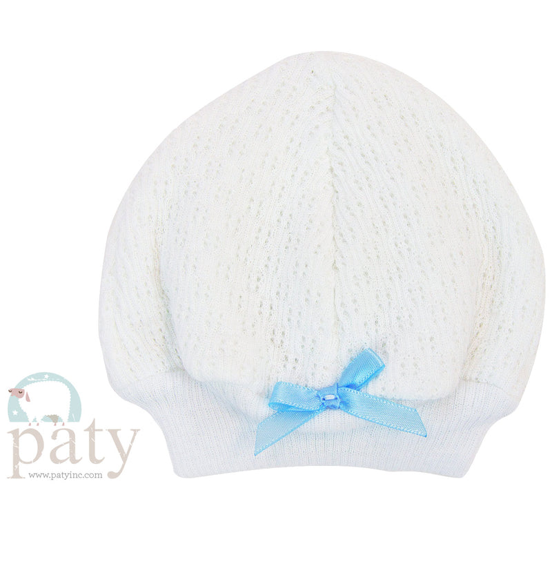 PATY WHITE BEANIE CAP WITH BLUE BOW