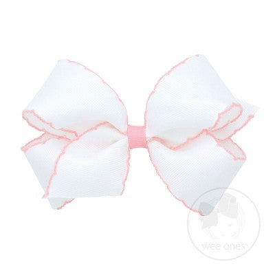 WEE ONES MOONSTITCH GROSGRAIN BOW WHITE WITH LIGHT PINK STITCHING WHL