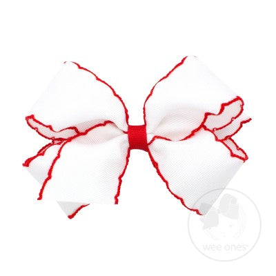 WEE ONES MOONSTITCH GROSGRAIN BOW WHITE WITH RED STITCHING WHR