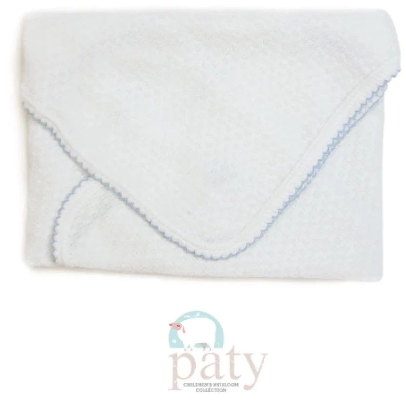 PATY WHITE SWADDLE BLANKET WITH BLUE TRIM