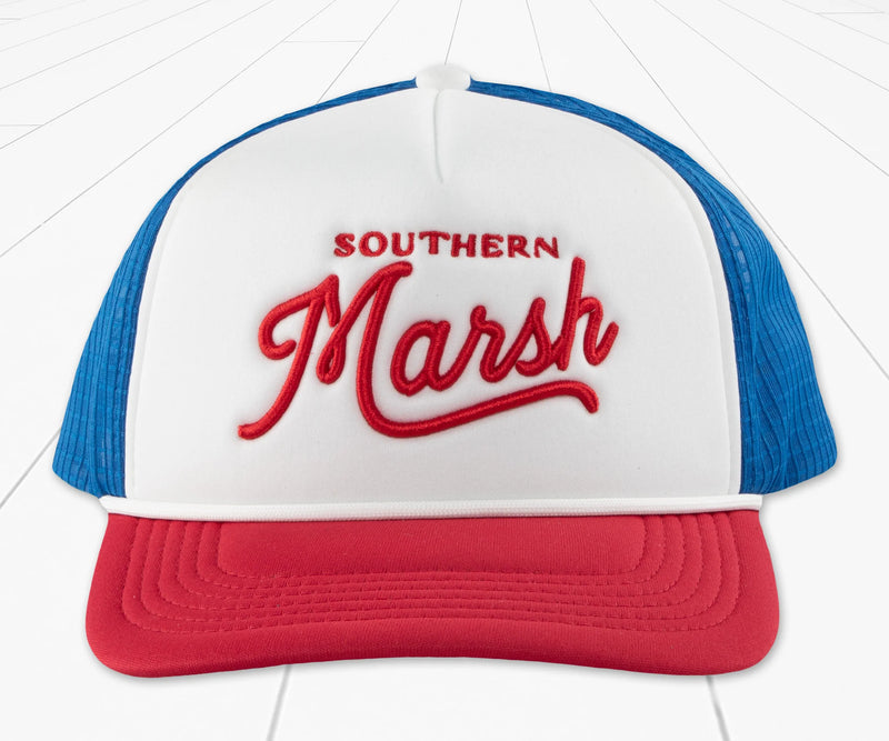 SOUTHERN MARSH SUMMER TRUCKER HAT BRANDING RED WHITE & BLUE