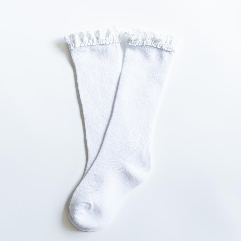 LITTLE STOCKING COMPANY WHITE LACE TOP KNEE HIGHS.