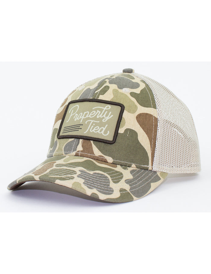 PROPERLY TIED YOUTH SPORTSMAN TRUCKER HAT VINTAGE CAMO